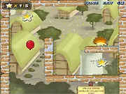 Screenshot from Helio Adventures free online game, showing a small airship collecting stars and avoiding enemies to rescue a trapped balloon.