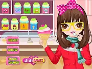 Screenshot of Ice-Cream Girl Dressup game showing Miranda in stylish winter clothes, eating a scoop of ice cream.