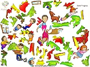 Fun to Boot game screen showing a partially completed jigsaw puzzle of a bright, whimsical scene with a woman living in a giant boot or shoe