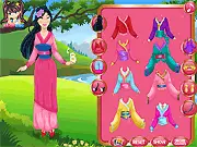 Princess Mulan Hanfu Style game image showing Mulan dressed in an elaborate, traditional red and gold Hanfu robe with a decorative headdress