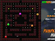 Screenshot of the Pumpkin Man arcade maze game showing the pumpkin character eating dots while being chased by a monster ghost
