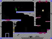 Crown Cave game screen showing a small adventurer character facing a difficult platforming section filled with spikes and traps inside a dark cave