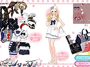 Screenshot from the Sailor Style Korean Dress Up game showing a model wearing a cute, striped sailor-style top and skirt, reflecting a modern Korean fashion aesthetic.