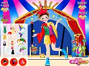 Screenshot of the Funny Clown Costume Creator game showing a character dressed in a comical, colorful clown costume with a huge hat
