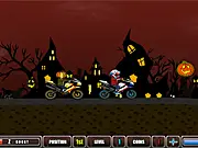 Halloween Bike Racing game screenshot, character on a sports bike collecting pumpkins, free online moto racing game, spooky racing challenge