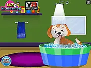 Puppy Show Preparation game screen showing the puppy Tommy getting groomed and dressed up for a competition, free online pet care and dress up game