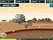 Motorbike Feats game screenshot showing a motorcyclist performing a backflip stunt mid-air over a large gap on a colorful platform track.
