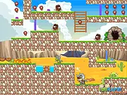 Dino Meat Hunt 2 Extra free online game screenshot, showing Dino Dad and Dino Son working together to jump over a pit to reach a piece of meat.