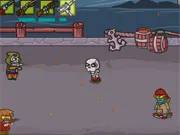 Zombie Town Story game image showing a scientist character shooting at a horde of approaching zombies in a ruined town, free online action game