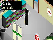 Failed Robbery online game screenshot showing a pixelated character in a convenience store during a chaotic robbery attempt.