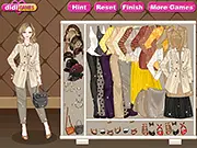 Fashion game character wearing a chic, pale-colored vintage autumn outfit with a coat and classic accessories
