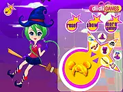 Young witch Helena riding a flying broomstick, dress-up game online, free witch fashion game PlayArcadeHub