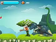 YabaDu Run game screen showing a Stone Age character running and jumping to avoid a dinosaur and traps, free online runner game