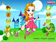 Screenshot of Spring Music Fairy Dress Up game showing a fairy character with blonde hair, green eyes, and a magical, nature-themed outfit.