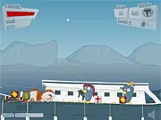 Penguinz free online action shooter game, armed character fighting penguin enemies, weapon upgrade screen, boss fight