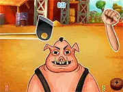 Smash the Swine 2 Player online game screenshot, player character smashing a swine head with a heavy weapon on a farm background, free one-button game