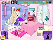 Screenshot of the Apple White Room Cleanup game showing a messy room full of clothes, toys, and a cricket bat, with a list of items to find, play free online