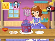 Sofia Cooking Princess Cake free online game showing Princess Sofia in a chef hat next to a beautifully decorated, layered royal cake