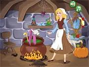 Cinderella Happy Ending Fiasco free online game showing Cinderella reacting to a funny potion failure, with a cauldron and various magical ingredients