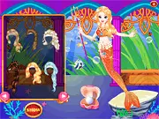 Screenshot of the Mermaid Princess Dress Up game interface showing a colorful mermaid character with a customizable green tail and purple hair, holding a magic staff, play free online