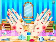 Screenshot of the Princess Hand Doctor game showing the player cleaning a cut on the princess's hand with cotton and antiseptic liquid before the manicure phase, play free online