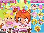 Birthday Party Slacking free online game screen showing Sarah sitting next to baby Emma's playpen, secretly trying to eat cake or play a party game.