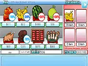 A visual representation of The Colossus Mart, showing various goods and a price chart indicating a 'buy cheap, sell expensive' trading strategy