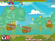 The alien character Pou looking lovingly across a complex series of wooden blocks and obstacles at the female Pou character in the puzzle game Pou Love Story