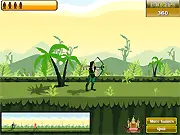 Screenshot of Green Arrow archery game with a bow drawn, aiming at a distant target board in a competitive outdoor setting. Play free archery game online.