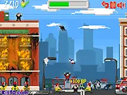 Rescue Brigade free online game screenshot showing a firemen's brigade holding a net to catch people falling from a burning high-rise building