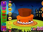 Spooky Cake Decor Halloween game screenshot showing a terrifying cake decorated with a tombstone, a ghost figure, and bloody red frosting