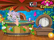 My Cute Cat Makeover online game screenshot showing a groomed cat wearing a stylish outfit and a colorful bow