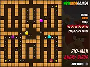 Screenshot of Rio Maze Mania game showing a bird character moving through a blue and yellow maze, chasing a defeated monster.