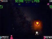 Pink Alien Battle free online shooter game screenshot showing the Pink Alien's Starship fighting against multiple attacking Space Pirate ships in space