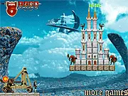 Master of Catapult 2: Earth of Dragons online game screenshot showing a catapult launching a projectile toward a wooden fortress with guards