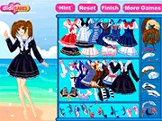 Screenshot of the Pretty Sailor Fashion Dress Up game showing a girl modeling a chic navy blue and striped sailor dress.