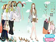 Gameplay screenshot of the free online dress-up game Elegant Bags showing a stylish girl model wearing a summer outfit and holding a beautiful shopping bag with rattan sandals.