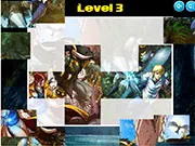Screenshot of the Huntik Jigsaw Puzzle game featuring cartoon characters Dante Vale and Zhalia Moon on a puzzle grid. Play free online puzzle games.