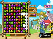 Zombie Match 3 puzzle game screenshot, collecting groups of colored vegetables on a farm grid to meet the target score