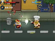 Bloody Harry online game screenshot showing the hero, Harry, shooting a gun at a horde of attacking vegetable-zombies like killer carrots and tomatoes