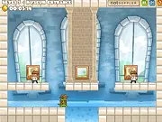 Screenshot of Rampage Rex game showing the pixelated T-Rex running and jumping past a museum security guard in a gallery with paintings on the wall.