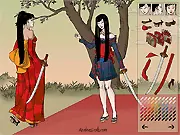 Screenshot of Antique Kimono 2 dress-up game, showing a beautifully styled geisha model in a seated pose wearing an elaborate traditional Japanese kimono and obi.