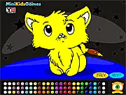 A digital coloring page showing five different cartoon cats next to a large palette of over 60 vibrant colors in the online game 5 Colorful Cats