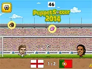 Puppet Soccer 2014 game screenshot showing two big-headed marionette football players in a one-on-one match, representing different countries.