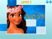 Screenshot of the Moana Disney Princess Puzzle game showing Moana and Maui in a colorful jigsaw puzzle format. Play free online puzzle games.