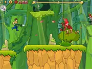 Screenshot of Uber Commando game showing a soldier shooting an alien invader with a laser gun in a jungle environment