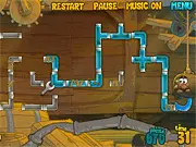 Screenshot of Free Bernie Pirates online game showing pipe segments that need to be rotated to create a path for a cartoon character to escape a pirate ship