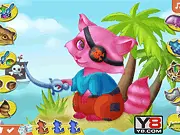 Screenshot from the Pirate Raccoons Dress Up game showing an adorable raccoon dressed as a pirate with a striped shirt and bandana. Play free animal dress up games.