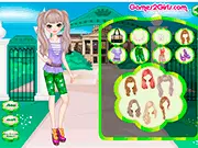 Prepare for College dress up game showing a fashionable female student ready for class with a pile of clothes and accessories, free online fashion game