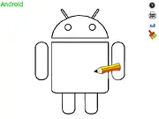 Screenshot of the Draw Android online game interface showing drawing tools and a partially colored Android robot sketch